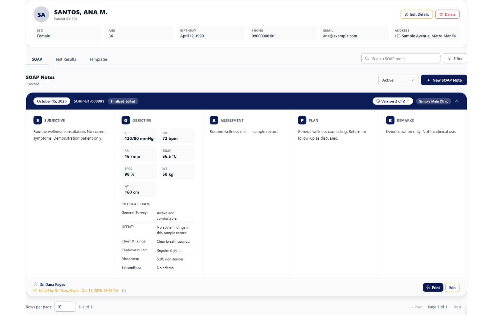 BioLink HIMS patient chart with a SOAP note: vitals, physical exam, assessment and plan