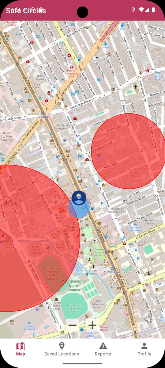 SafeCircles map with red disaster zones and the user's saved circle