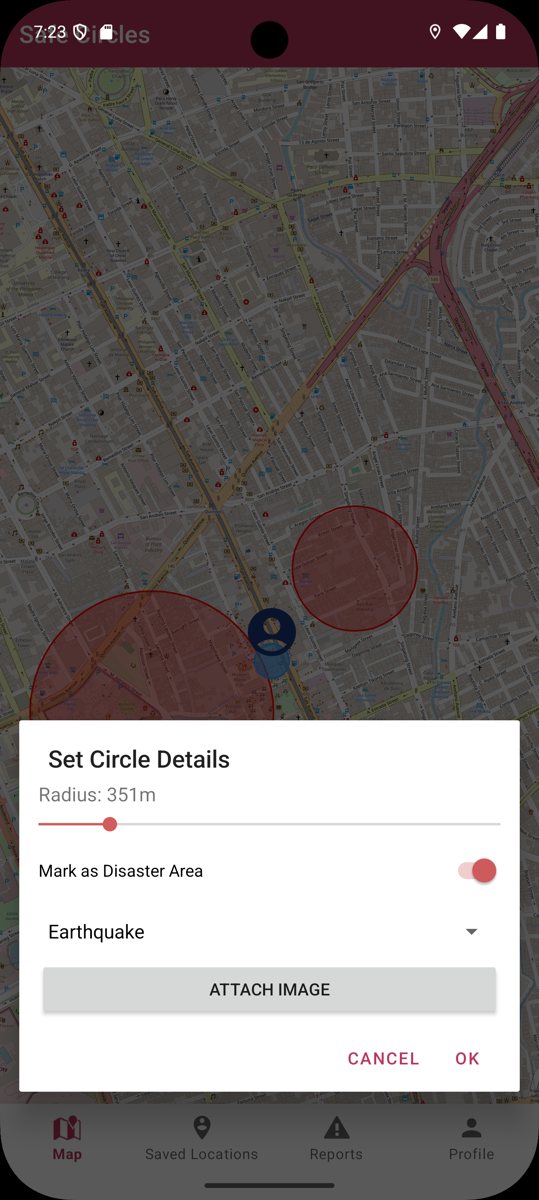 SafeCircles circle details: radius, a disaster-area switch, disaster type and an attached image