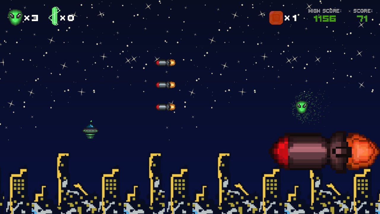 UFO NO! gameplay: the alien's saucer dodges a giant missile over a pixel-art city at night