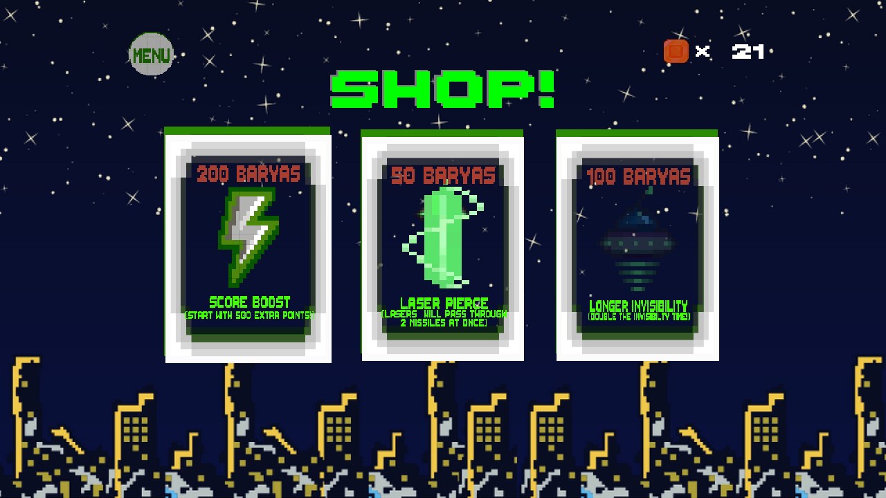 UFO NO! shop screen with score boost, laser pierce and longer invisibility upgrades